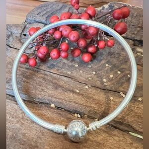 Sterling Silver Bangle Bracelet with Logo Clasp - Silver